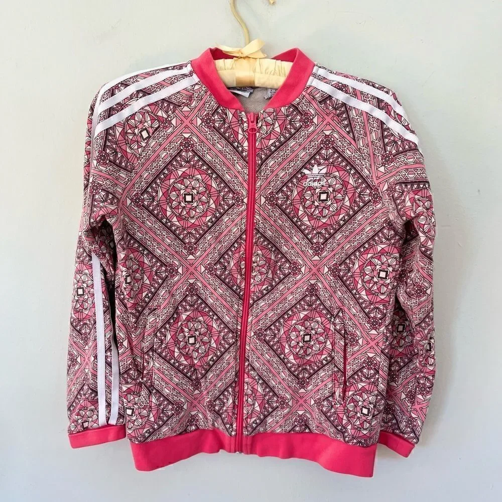 Adidas | pink busy patterned zip up jacket girls